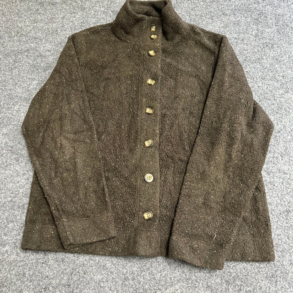 L.L. Bean Fleece Jacket Womens Size Medium Brown Marled Button Up Mock Neck Cozy